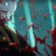 A white-haired vampire gleefully claws a human, their blood spraying throughout the air.